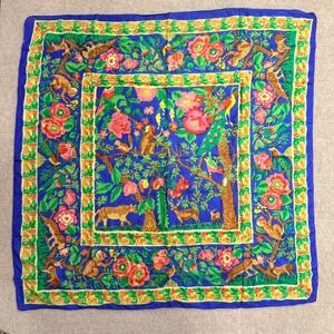 Vintage Jungle Wildlife Silk Scarf Blue Tiger Monkey Peacock Floral Square Scarf